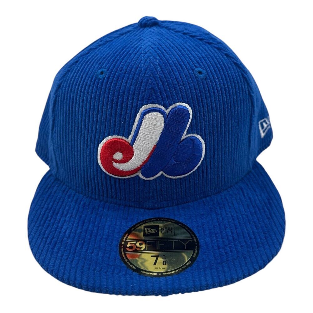 New Era 59Fifty Montreal Expos Fitted Hat Cap 7 3/8 Blue Corduroy MLB Throwback